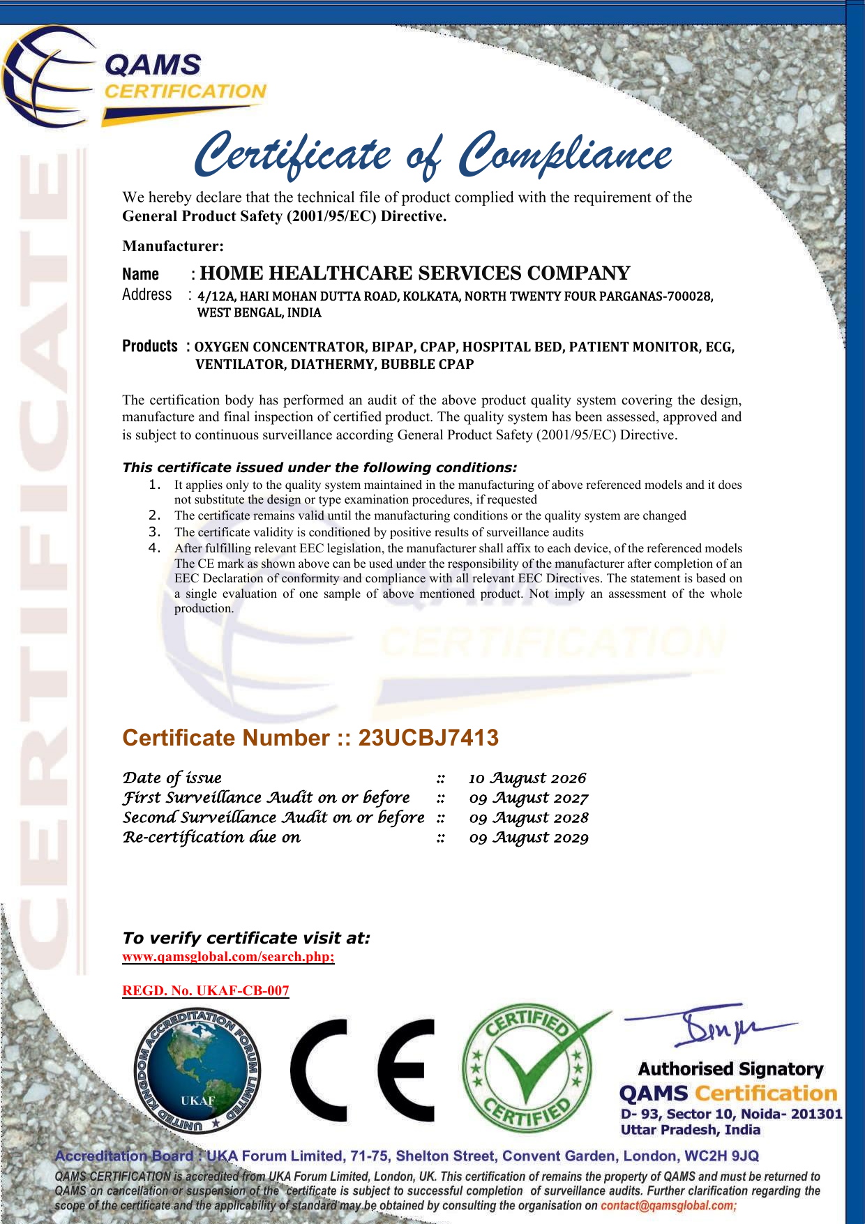 QAMS Certificate of Compliance for Home Healthcare Services Company, certificate 23UCBJ7413, issued 10 August 2026, with listed product scope and conditions