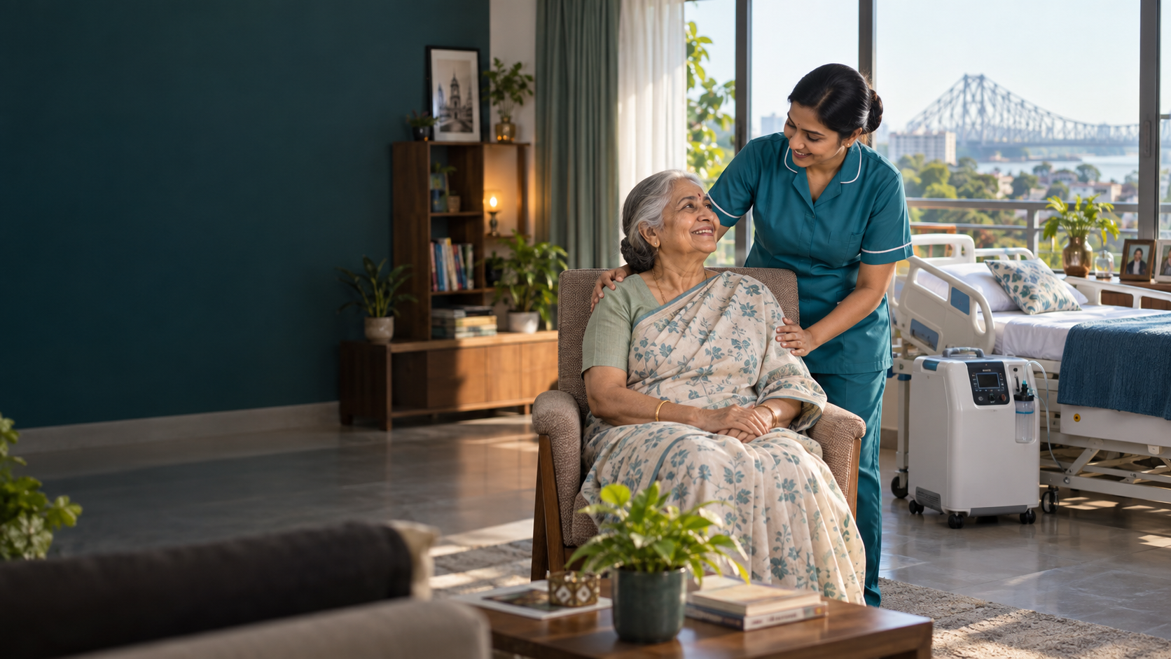 A home healthcare professional supporting an elderly woman at home