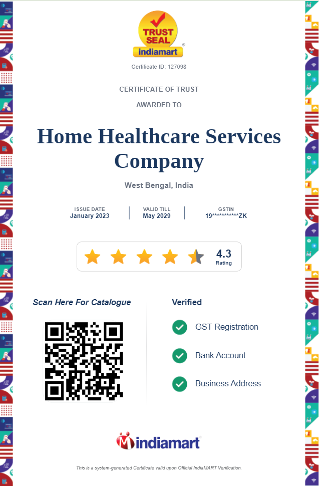 IndiaMART TrustSEAL certificate for Home Healthcare Services Company, Certificate ID 127098, valid till May 2029